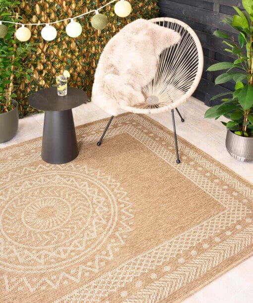 Tappeto da esterno effetto juta - Boho Mandala Beige/Bianco